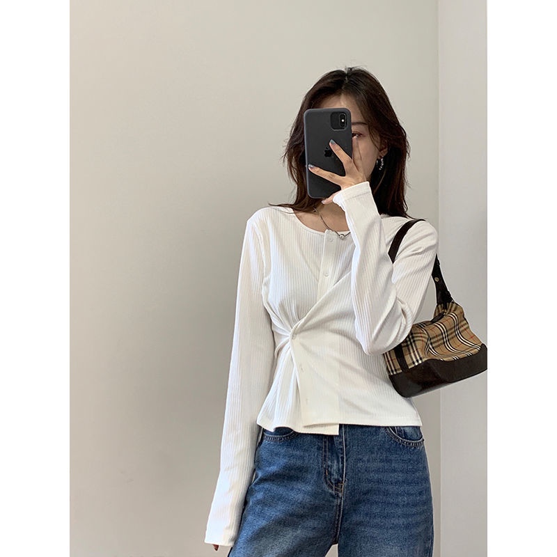 Áo thun tay dài cổ tròn cài nút bên hông phong cách Hàn Quốc thời trang mùa xuân cho nữ