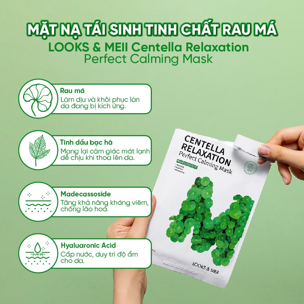 10 Mặt Nạ Tái Sinh Tinh Chất Rau Má Cho Da Dầu Mụn LOOKS &amp; MEII Centella Relaxation Perfect Calming Mask 30g