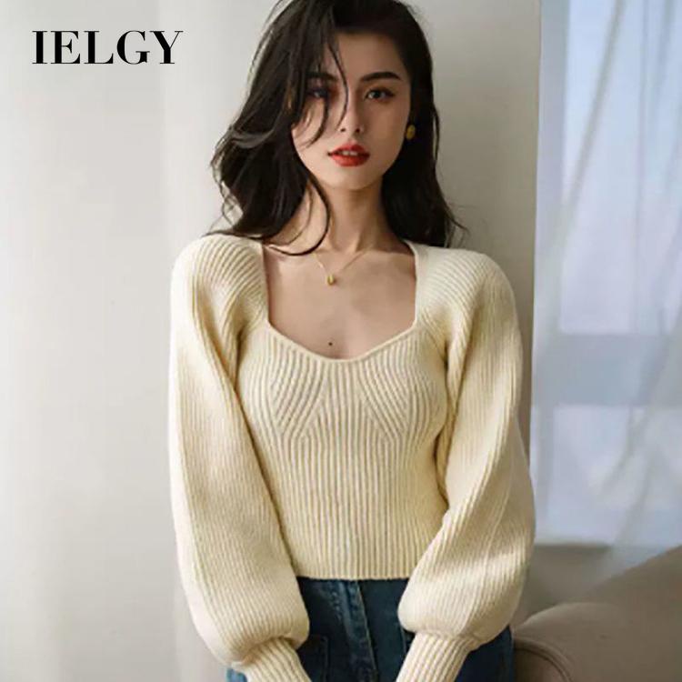 IELGY     Áo sweater Dệt Kim Tay Dài Cổ Vuông Thiết Kế Xinh Xắn Cho Nữ