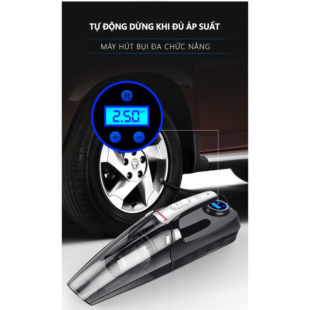 Máy hút bụi cầm tay mini kiêm bơm lốp ô tô RUNDONG R-6055| 4 in 1 (Hút bụi, bơm lốp, đo áp suất lốp, led chiếu sáng