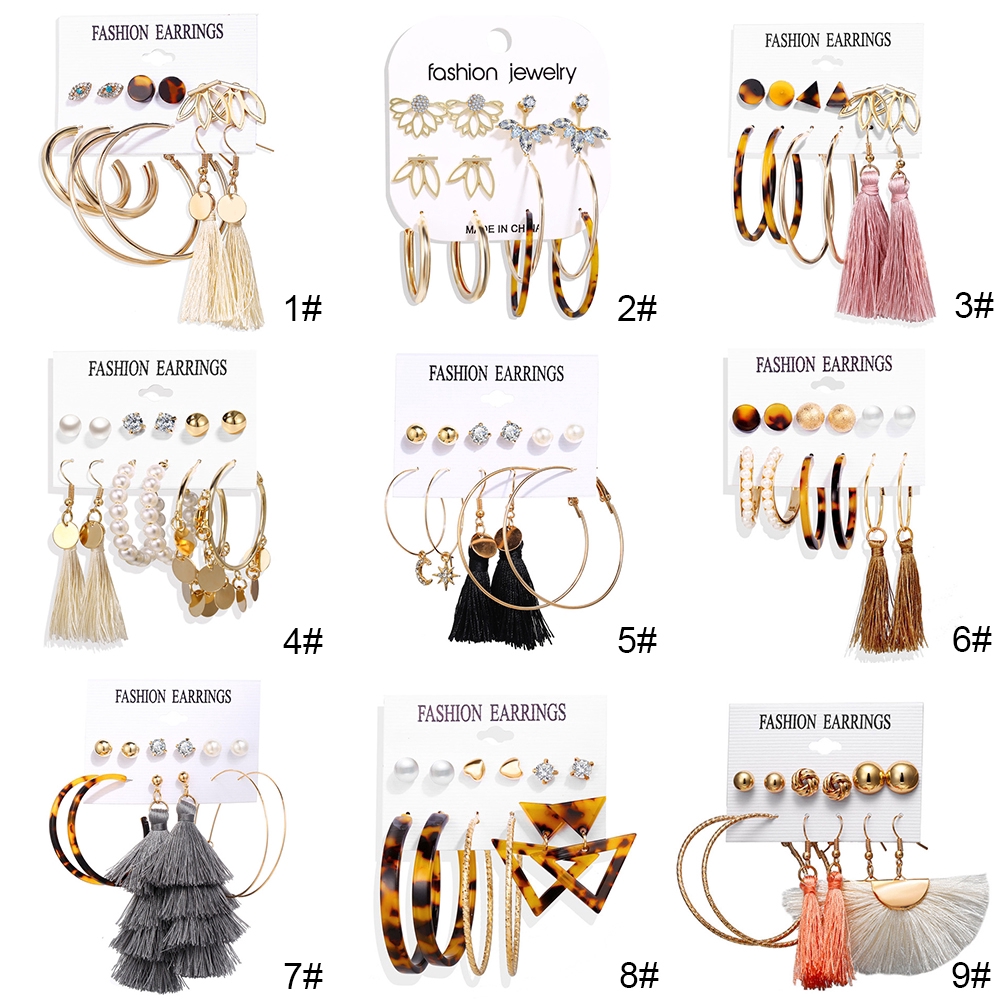 Set 6 cặp bông tai hình tròn tua rua cỡ lớn đính ngọc trai phong cách cổ điển xinh xắn cho nữ