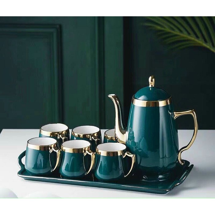 Bộ ấm chén kèm khay sứ màu xanh ngọc viền vàng