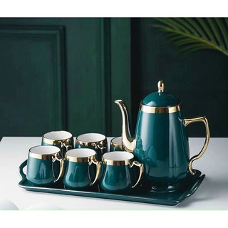 Bộ ấm chén kèm khay sứ màu xanh ngọc viền vàng