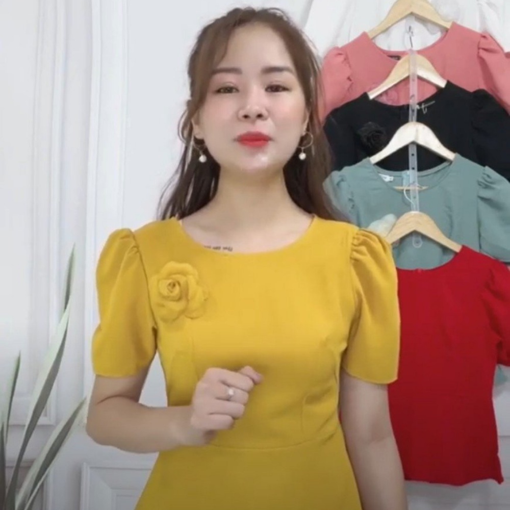 [Đủ màu+size] Áo công sở nữ cao cấp tay bồng, chất đũi Hàn, eo đuôi cá tôn dáng (tặng kèm hoa hồng cài áo)