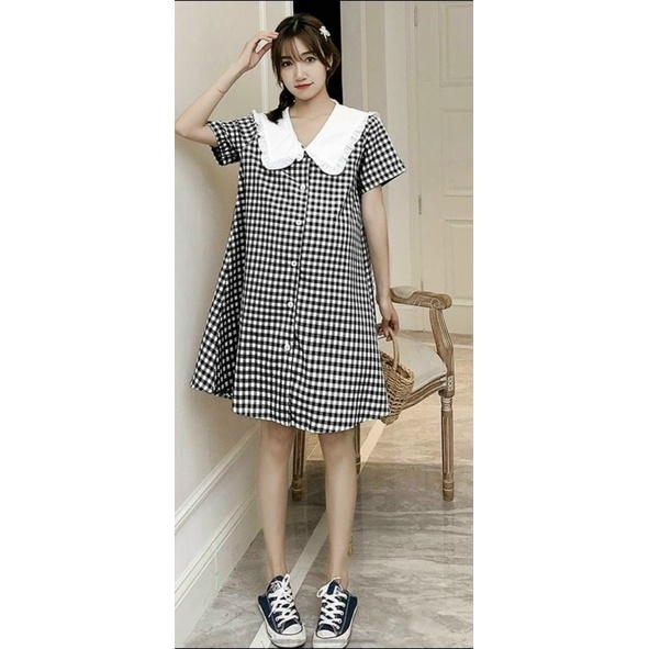 váy bầu kẻ caro cổ bèo cách điệu thanh lịch🌸 dáng suông 🌸 phong cách trẻ trung 🌸freesize 43-68kg