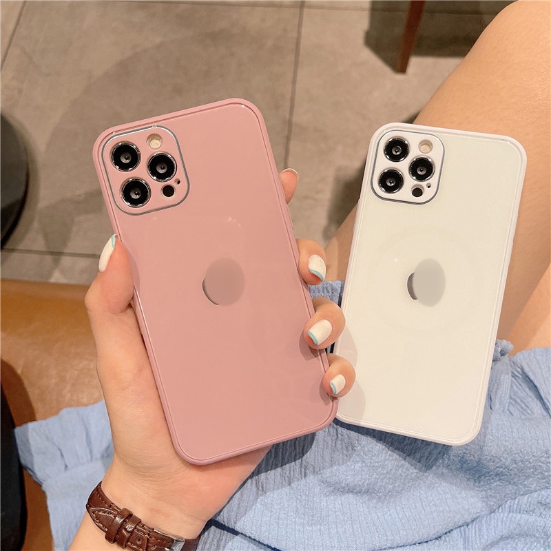 Ốp Điện Thoại Mặt Kính Viền Vuông Màu Trơn Đơn Giản Cho IPhone 13 12 11 Pro Max XS Max XR X 8 7 Plus