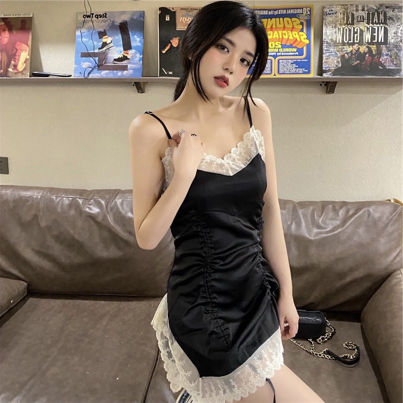 Váy ngủ lụa sexy xẻ tà rút dây bánh bèo với màu tím dịu dàng