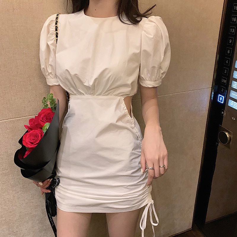 Váy nữ🍉Váy trắng khoét eo có dây rút vô cùng sexy, đầm nữ ôm body thiết kế cách điệu màu trắng eo rút mặc lên dễ thương
