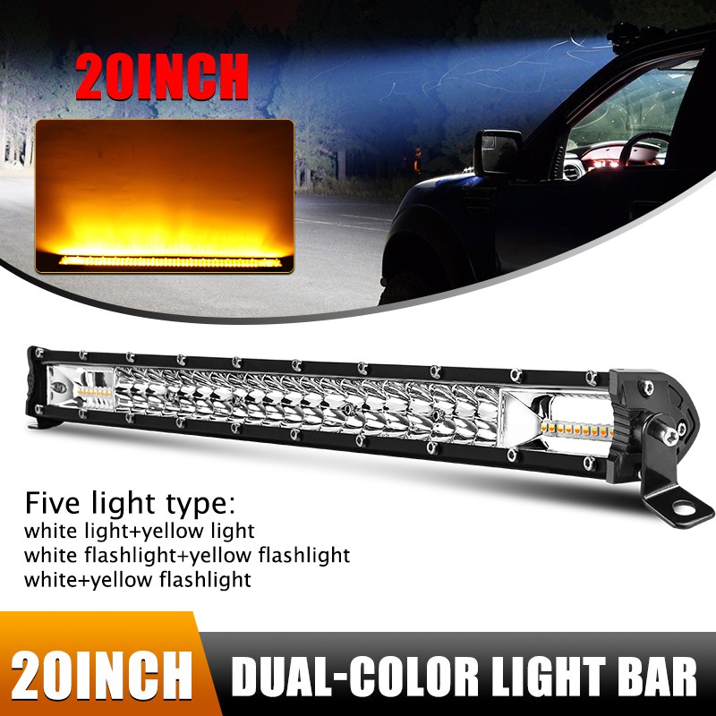 UNI-SHINE 7inch 14inch 20inch LED Flashing Light Bar White Light Mixed Yellow Fog Flash Working Light 12V 24V Led Bar 2 Rows 4x4 Truck Offroad Car Driving Light Bar