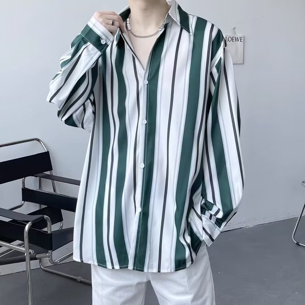 Áo Sơ Mi Tay Dài Dáng Rộng Họa Tiết Kẻ Sọc Thời Trang Mùa Hè Phong Cách Hàn Quốc Cho Nam Size M-2XL