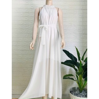 Đầm maxi suông cổ yếm cột eo hình thật