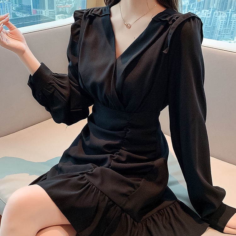 Đầm ôm eo màu đen phong cách Pháp thời trang mùa thu cho nữ