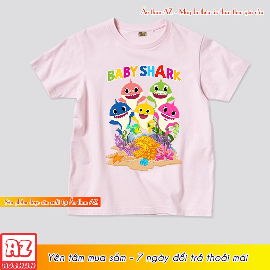 Áo thun trẻ em in hình cá mập baby shark màu cam trắng hồng xanh biển M2899