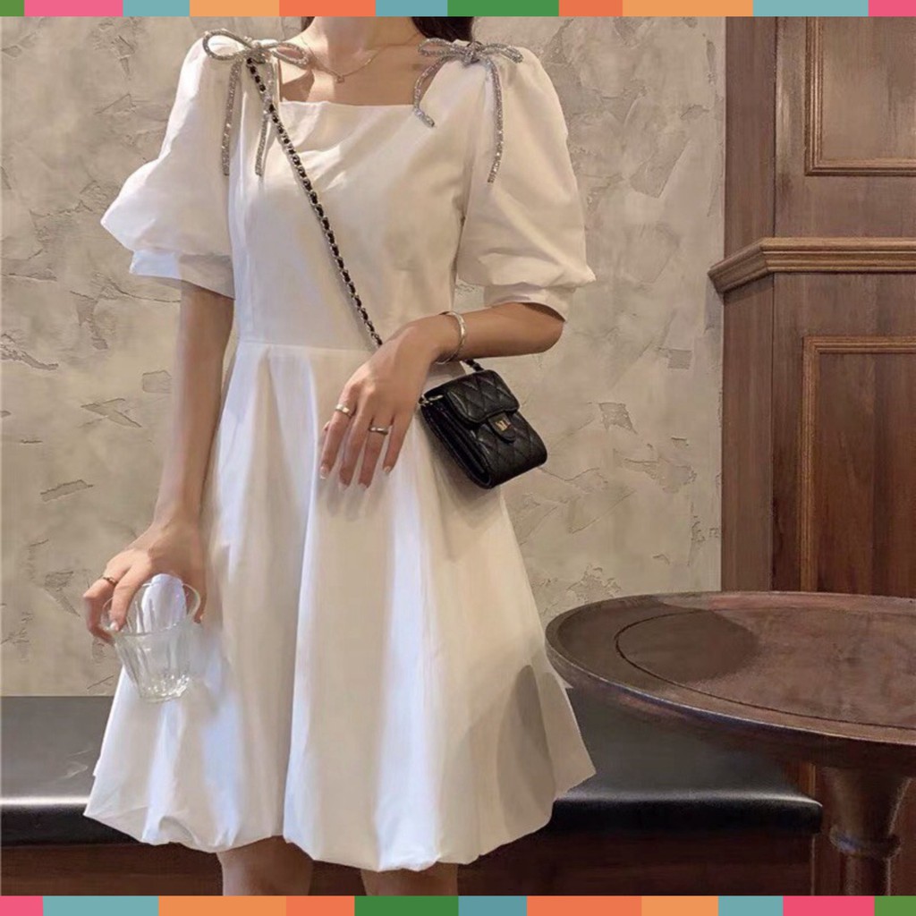 Đầm Nữ Ngắn Tay Bồng Nơ Cài Vai Hai Màu Siêu Xinh Nơ Vai ️🎶 Váy Nữ Dáng Xòe Cổ Vuông Đáng Yêu | BigBuy360 - bigbuy360.vn