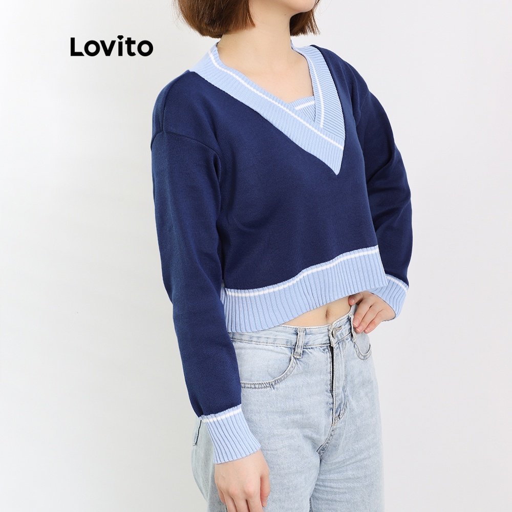  Áo sweater Lovito cổ chữ V phối màu khối dáng ôm phong cách preppy L08217 (màu xanh dương) | BigBuy360 - bigbuy360.vn