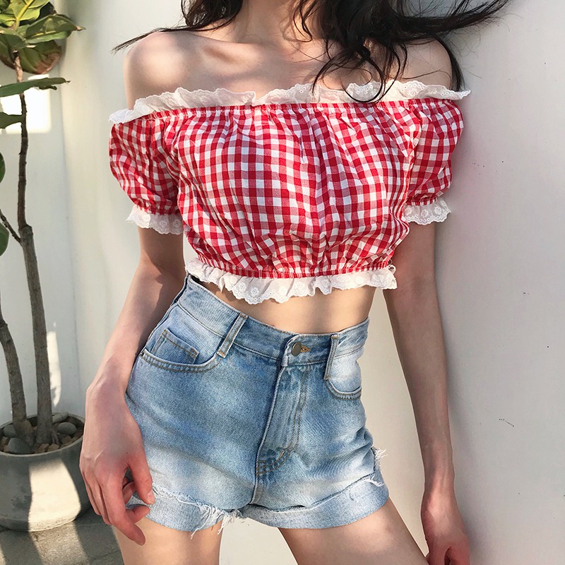 ÁO ULZZANG ÁO CROPTOP TRỄ VAI SỌC CARO HÀN QUỐC