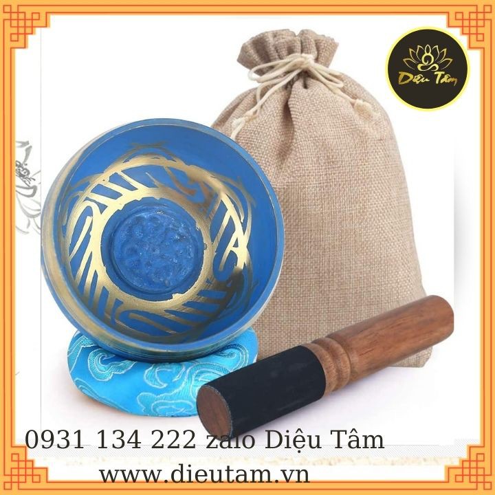 Chuông xoay thiền Tây Tạng -bát biết hát màu xanh bộ như hình chuông túi , dùi , đệm