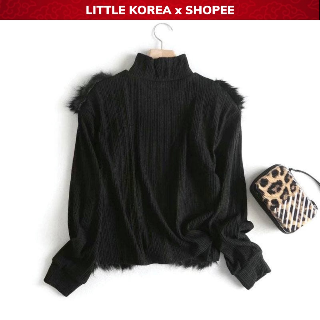 Áo Len Tăm Nữ Dài Tay, Áo Len Nữ Phối Lông Cổ Lọ 3 Phân Dáng Suông Z - LITTLE KOREA