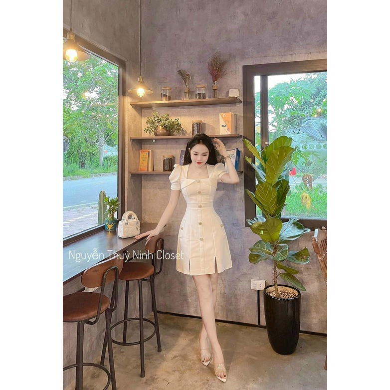 (Ưu Đãi FreeShip) Đầm tiểu thư đi tiệc,đầm thiết kế cổ vuông tay phồng from A xòe nhẹ,chất cotton lạnh cao cấp có mút