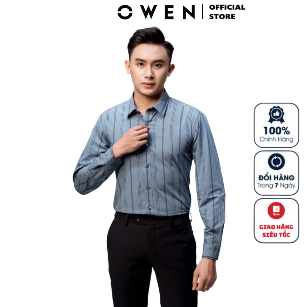 Áo Sơ Mi Nam Dài Tay Owen AS23379D Somi Công Sở Cao Cấp Màu Ghi Xám Kẻ Sọc Dáng Slim Fit Không túi Chất Liệu Sợi Tre