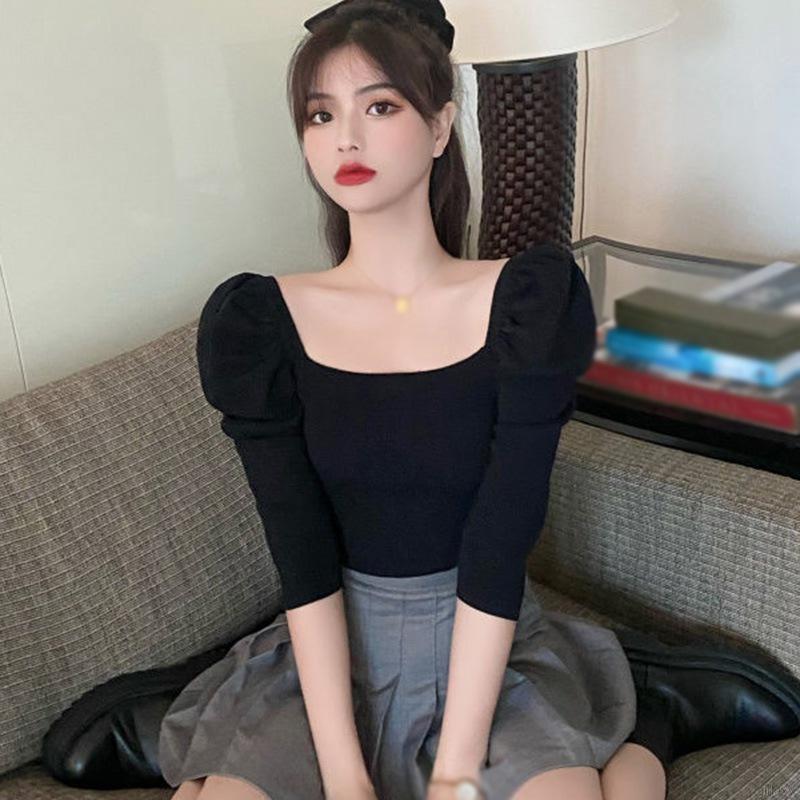 Áo Crop Top Dệt Kim Tay Lỡ Màu Trơn Xinh Xắn Phong Cách Hàn Quốc Cho Phụ Nữ