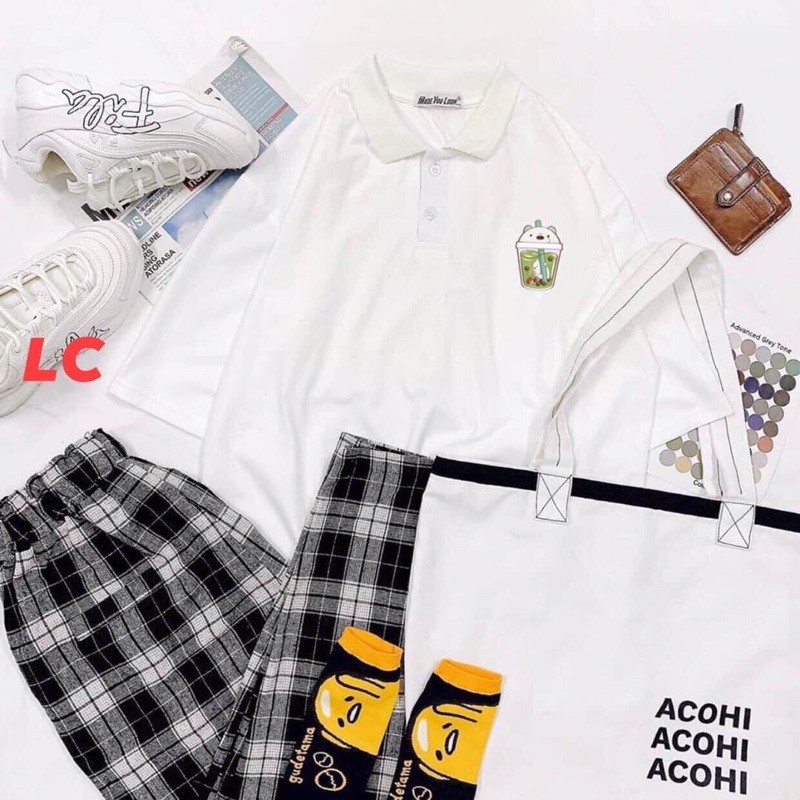 Áo thun có cổ dáng rộng tay lỡ --- ly trà sữa