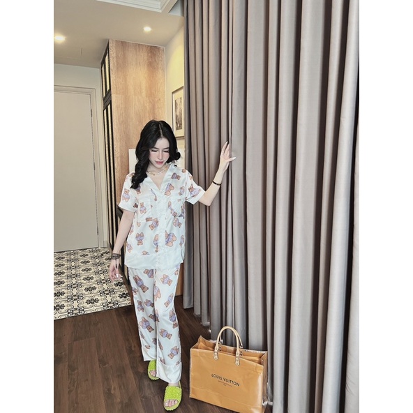 Đồ bộ Lụa pijama mặc nhà tay ngắn quần dài dễ thương cho bạn nữ dưới 62kg