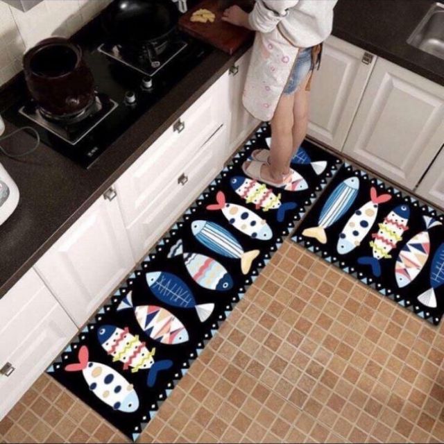 Bộ 2 thảm nỉ trải sàn bếp mẫu cá