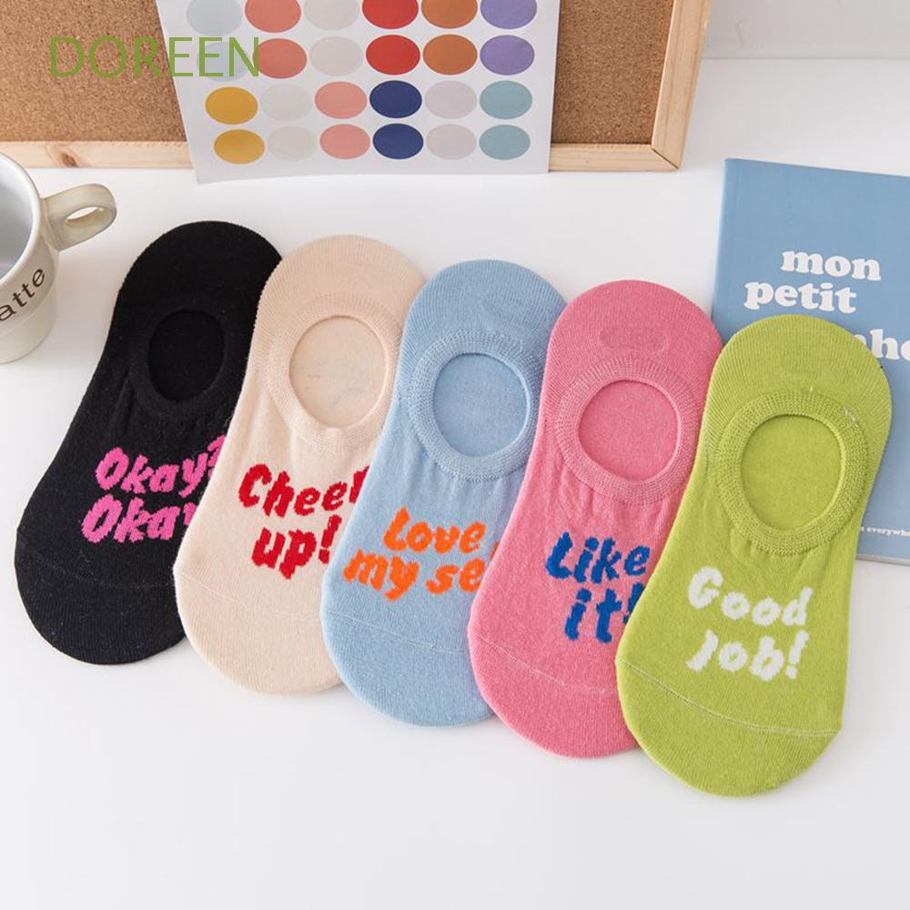 Vớ Cotton Silicon Cổ Thấp Thoáng Khí Chống Trượt Màu Trơn In Chữ Tiếng Anh Dễ Thương Nhiều Màu Sắc Cho Nữ