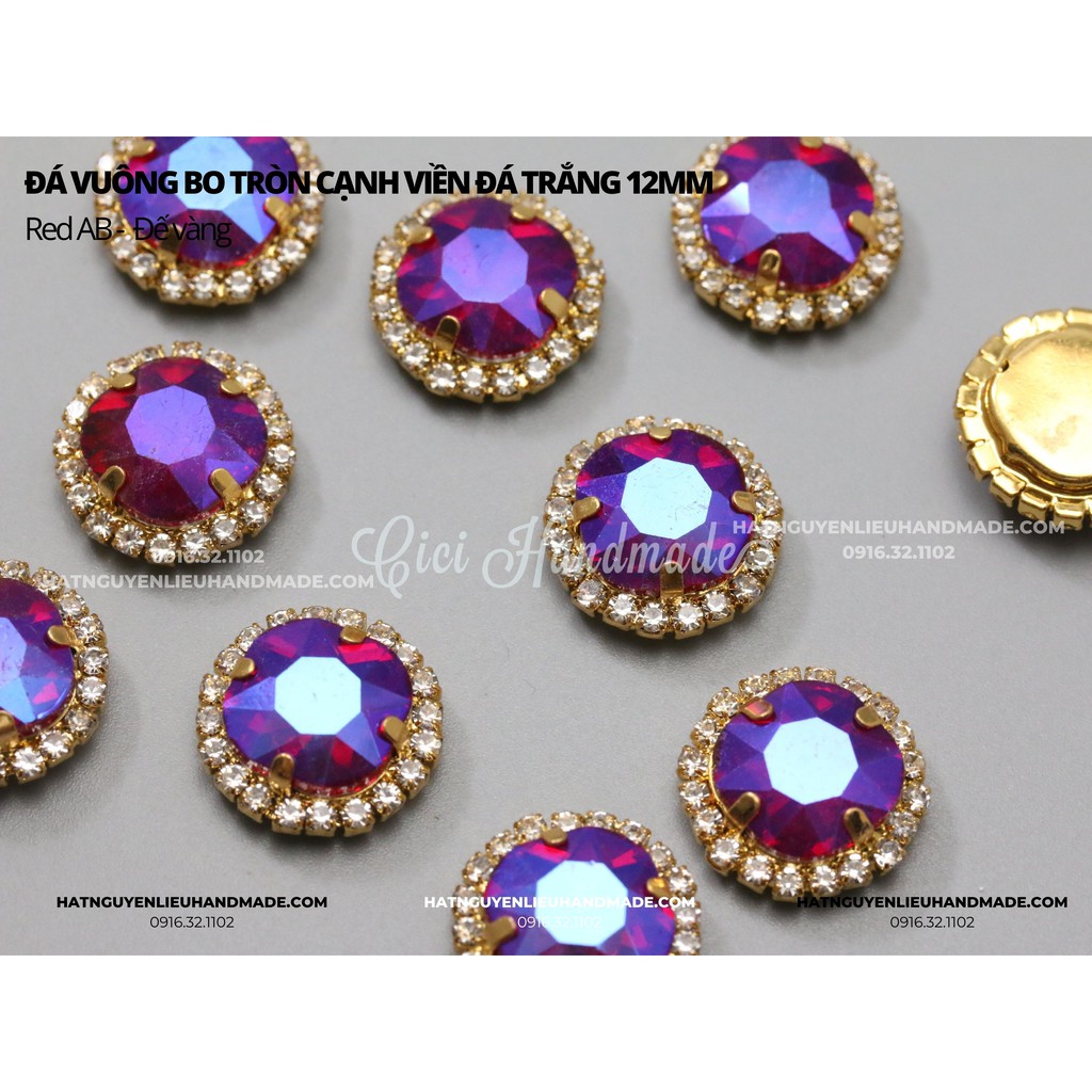 Đá vuông bo tròn cạnh viền đá trắng đế vàng 12mm Cici Handmade chuyên hạt đá hạt pha lê hạt cườm hạt trang sức tự làm