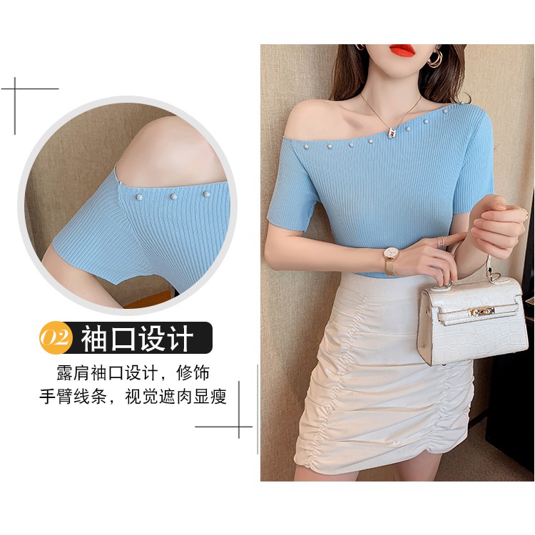 Áo Sweater Tay Ngắn Hở Vai Thiết Kế Dễ Thương Cho Nữ