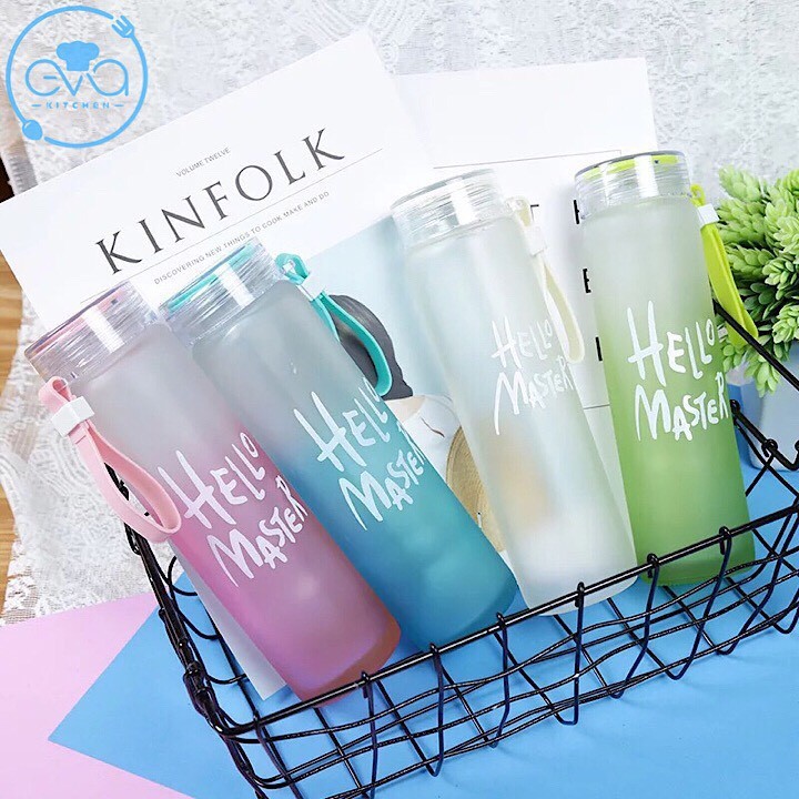 Bình Nước Thủy Tinh In Chữ Hello Master 400ML có dây xách-Bình Nước Thủy Tinh Hello Master (Màu ngẫu nhiên) Kingmart