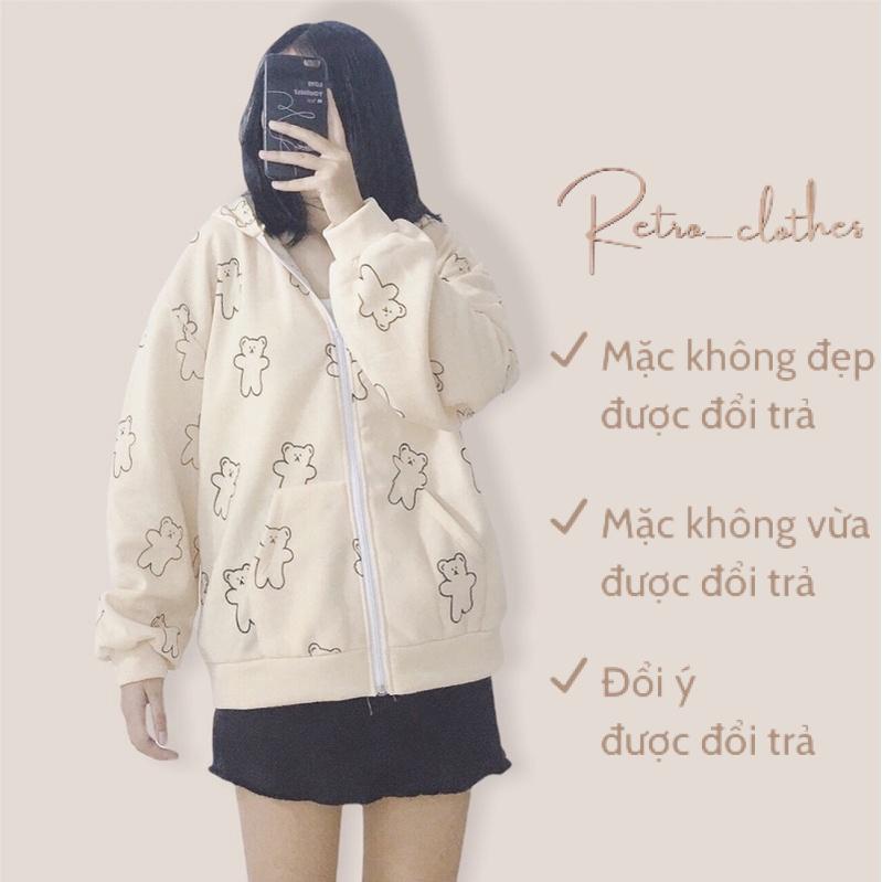 🍂 [Ảnh thật/Tự chụp] Áo khoác nỉ nữ hình gấu form rộng nỉ bông cute dễ thương màu be Hàn Quốc