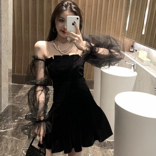 (R302) váy đen nữ trễ vai lưới dài tay(kèm ảnh khách)