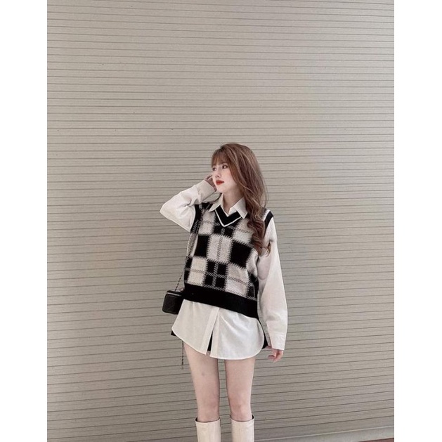 Áo Gile Len Nữ Ms.2021 Cổ Tim, Họa Tiết Caro To, 3 Màu Đen Ghi Nâu Trẻ Trung, Chất Liệu Len Đanh Mịn