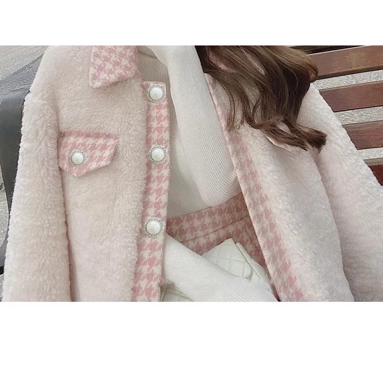 【Bán trước】Set áo khoác lông cừu phối chân váy ngắn phong cách Hàn Quốc thời trang cho nữ