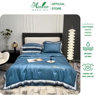 Bộ 4 món chăn ga gối drap trải giường Hankun phi lụa cao cấp, chăn chần bông mềm mịn thoáng mát