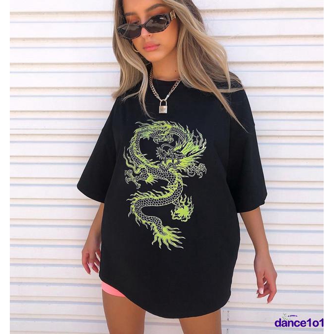 Áo Thun Nữ Ngắn Tay Cổ Tròn Dáng Dài In Hình Rồng Cá Tính