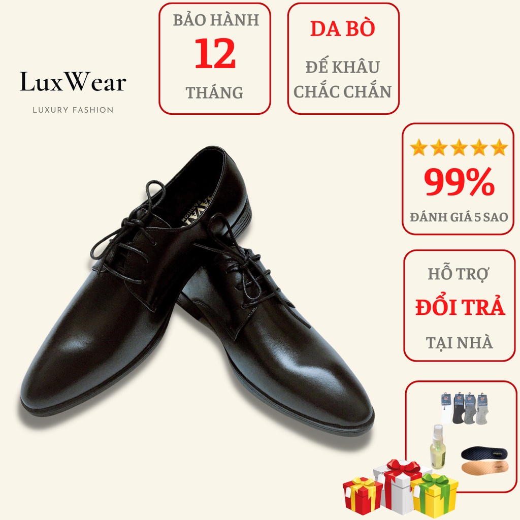 Giày tây nam công sở da bò cao cấp đế khâu LuxWear màu đen có quà tặng kèm
