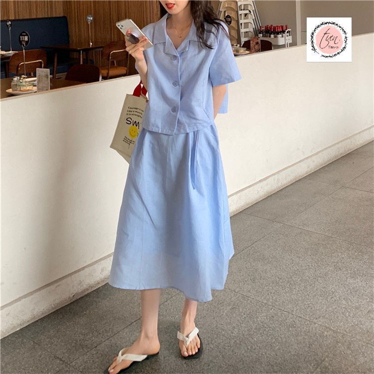 Set váy công sở ,áo sơ mi + chân váy midi xinh xắn
