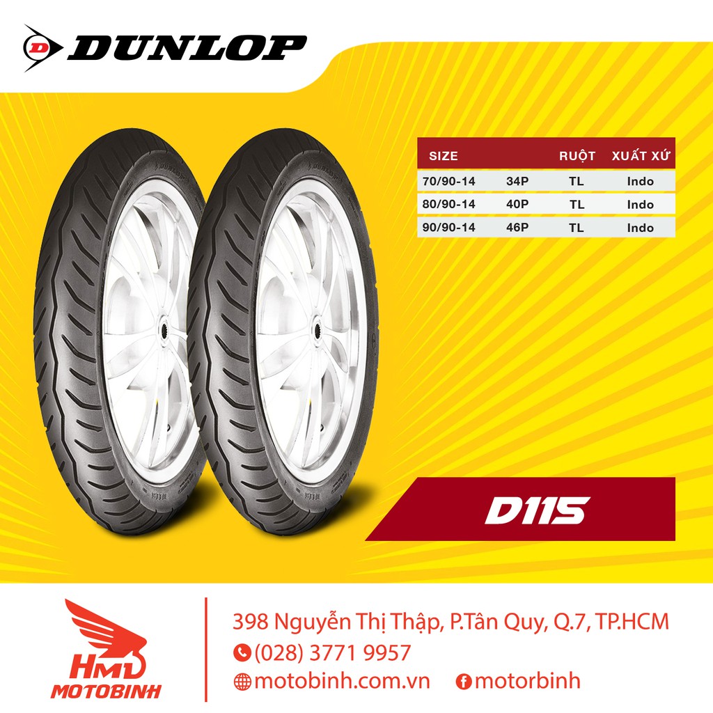 Lốp/vỏ xe 70/90-14 D115 TL Dunlop dành cho xe Luvias, Mio