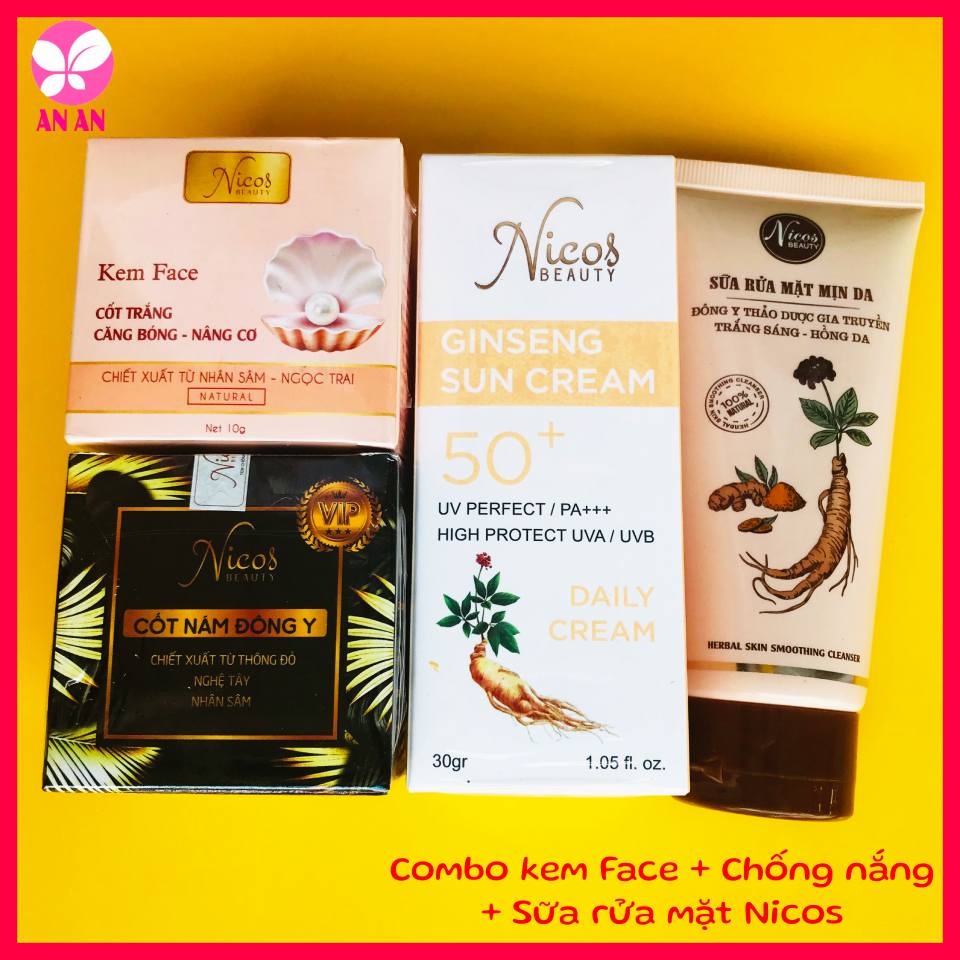 Combo Kem Face Nicos ( cốt nám + trắng da ) + Sữa rửa mặt + kem chống nắng Nicos - Hàng chính hãng