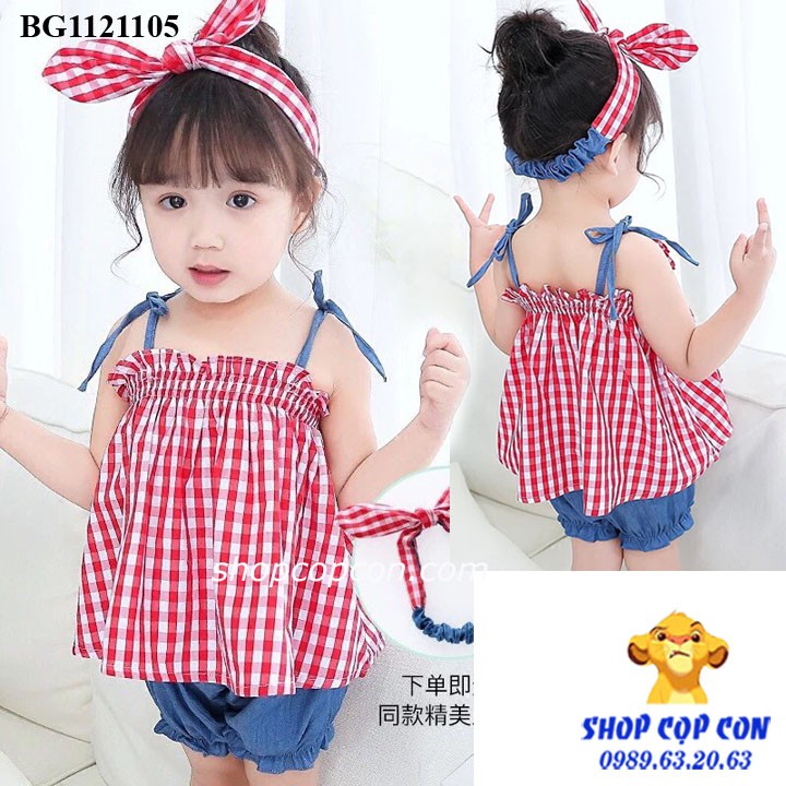Set áo dây caro, quần jean phồng, băng đô (14-30kg)