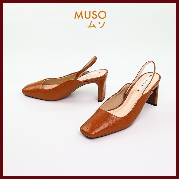 Giày Cao Gót 7cm Quai Mềm Slingback MUSO Mũi Vuông Da Vân Rắn Sang Chảnh