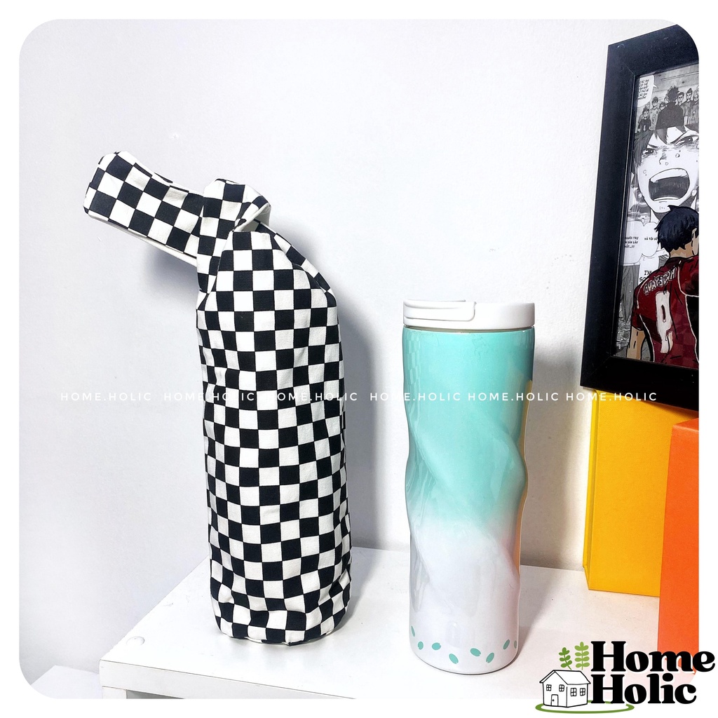 Túi Vải Quai Xách/ Dây Rút Bình Nước Giữ Nhiệt Bằng Vải Hoạ Tiết Caro Trái Cam Trắng Đen Lạ Mắt 500ml Home Holic