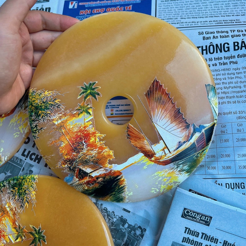Đồng điếu để bàn, đồng điếu đá ngọc hoàng long - đường kính 16cm