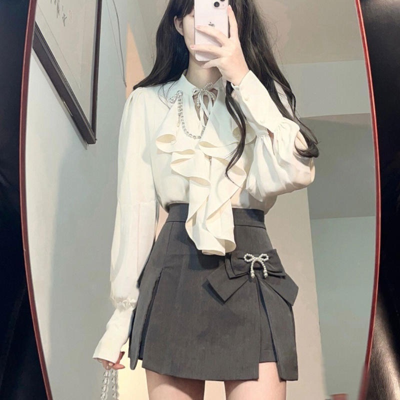 Áo sơ mi hai mảnh kiểu Pháp Váy chiết eo cao mùa thu mới