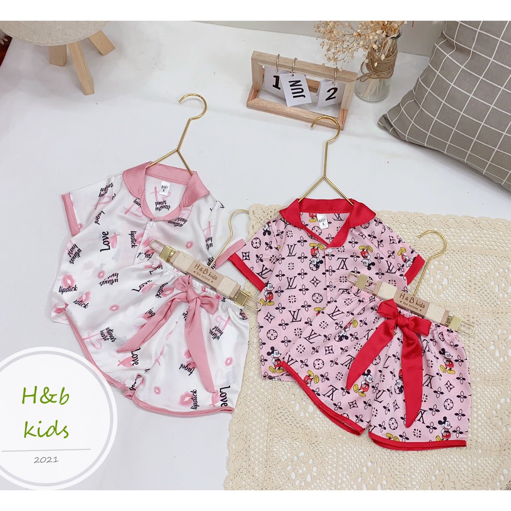 Bộ pijama cho bé MỀM MẠIBộ Ngủ Pijama Lụa Phối Nơ Cao Cấp Cho Bé Gái , Size từ 8kg đến 20kg