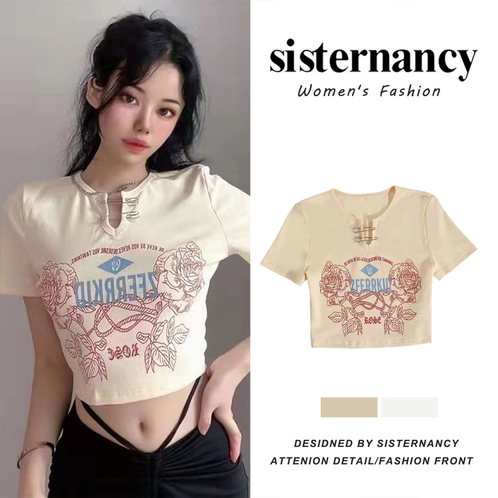 Áo thun croptop COZOK ngắn tay cổ chữ V dáng ôm in họa tiết phong cách cổ điển