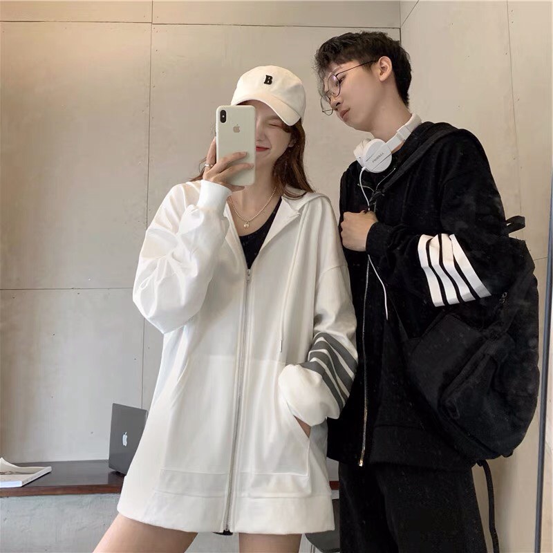 Áo Khoác Nỉ Bông Khóa Zip Trơn Sọc Tay Form Rộng Unisex Nam Nữ Couple Hottrend Ulzzang NUPAKACHI